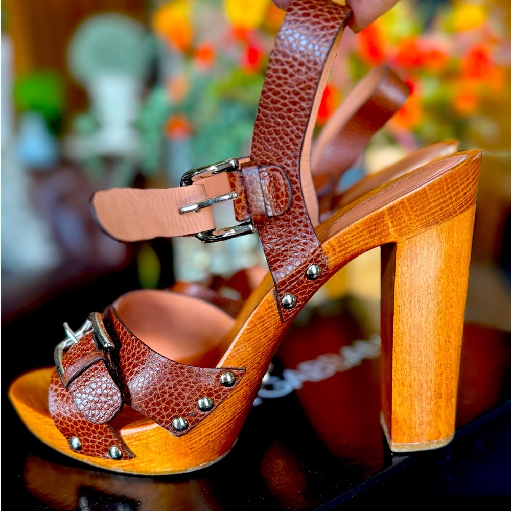 Dolce & Gabbana Cognac brown leather sandals heels with studs western vibe boho - Picture 3 of 11